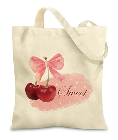 Women's Canvas Tote Bags with Inner Pockets & Metal Snap, Reusable Tote Bag for Girl's Vacation Travel Gym Shopping - color: Cherry 2