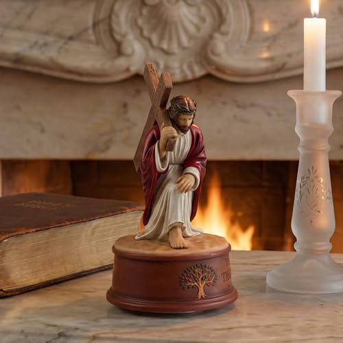 Way of The Cross Jesus Figurine Music Box,Christian Religious Collectible Statue Playing How Great Thou Art,Hand-Painted Jesus Carrying Cross Figurine,Faith Based Prayer Corner Decor,Lent Easter Gift