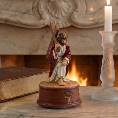 Way of The Cross Jesus Figurine Music Box,Christian Religious Collectible Statue Playing How Great Thou Art,Hand-Painted Jesus Carrying Cross Figurine,Faith Based Prayer Corner Decor,Lent Easter Gift