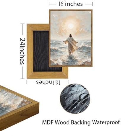 Jesus Walking on Water Sunlight Framed Canvas Wall Art 16x24 inch - color: Sunlight, size: 16"x24" Natural
