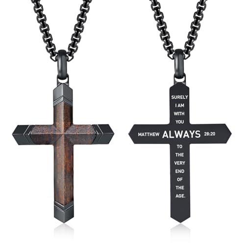 FLHEART Wooden Cross Bible Verse Necklace for Men, Hawaiian Handmade Real Black Ebony Wood Cross Pendant Stainless Steel Chain, Mens Cross Necklaces Koa Wood Jewelry Christian Baptism Easter Gifts - style: Matthew 28:20 - 1pc