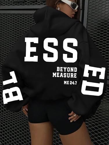 Christian Hoodies Women Blessed Sweatshirts Jesus Religious Sayings Sweater - color: Black, size: Small