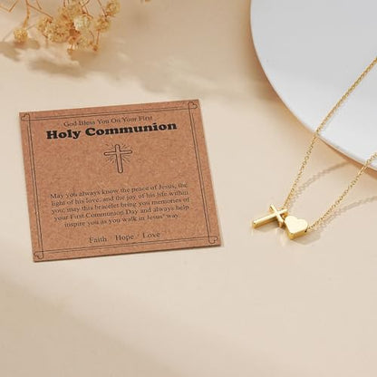 WEDDINEN First Communion Confirmation Baptism Jewelry Gifts for Teens Girls Kids,Cross Heart Necklace for Women Girls Christian Religious Stuffers Jewelry Gifts for Kids - style: First Communion-Gold