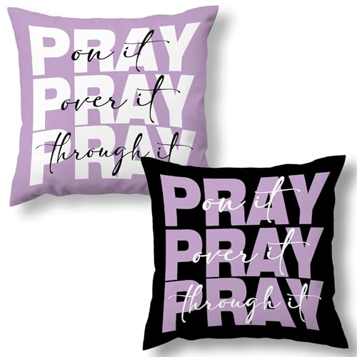 Purple And Black Christian Pray Decorative Throw Pillow Covers Set of 2,Bible Verse Pray on over through It Pillows Covers, Preppy Pillow CasesDecor for Prayer Room Couch Bedroom Dorm 18x18in - color: Purple Black