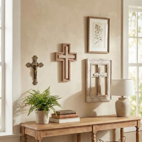 TRENDIN Wall Cross for Home Decor, Rustic Wooden Cross Wall Decor - color: Brown