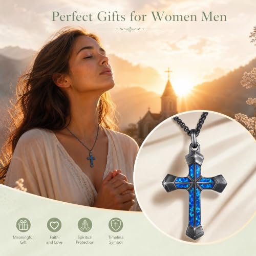 Cross Necklace for Men 925 Sterling Silver Cross Ebony Wooden Ankh Raven Praying Hands Crucifix Amulet Religious Jewelry Gifts for Men Women - color: Cross7