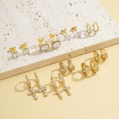 FEYIR 9 Pairs Earrings for Men Stainless Steel Small Hoop Earrings Hypoallergenic CZ Cross Dangle Earrings Cubic Zirconia Stud Earrings Huggie Men's Earrings Set - color: Gold