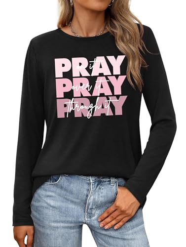 Christian Shirts for Women: Faith Over Fear T Shirt Religious Graphic Tee Bibel Verse Long Sleeve Tops - color: Black, size: Small