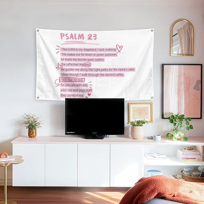 Pink Christian Tapestry Psalm 23 Bible Verses 3x5 Ft Wall Art Pink Tapestry Christian Gifts for Teen Girls & Women, Home Bedroom Wall Art Decor