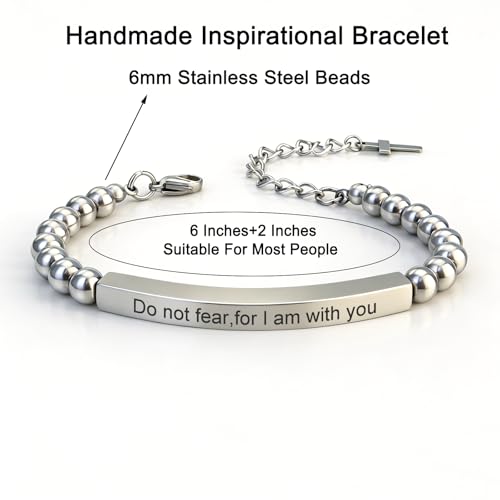 Inspirational Christian Bracelet for Women, Stainless Steel Beaded Cross Jewelry with Bible Verse, Religious Faith Gift for Mom, Daughter, Sister, Friend - color: Do not fear,for I am with you-Silver Bead