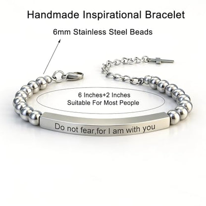Inspirational Christian Bracelet for Women, Stainless Steel Beaded Cross Jewelry with Bible Verse, Religious Faith Gift for Mom, Daughter, Sister, Friend - color: Do not fear,for I am with you-Silver Bead