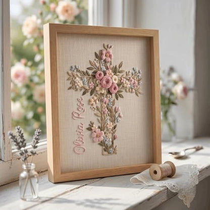 NAZENTI Custom Hand Embroidery Wooden Frame Sign Baptism Gift for Boy, Personalized Embroidered Floral Sign with Name - color: DS03