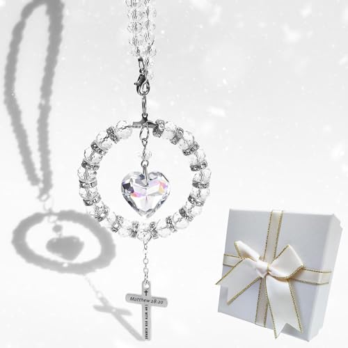 Bible Verse Car Rearview Hanging Cross, Bling Suncatcher Crystal Car Charm Mirror Hanger, 'I Am with You Always' Matthew 28:20, Christian Cross for Car Accessories Ornament Religious Gift for Women