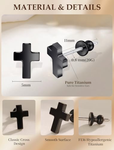 Limerencia Titanium Stud Earrings, Cross Earrings for Sensitive Ears - color: Black +Butterfly Back