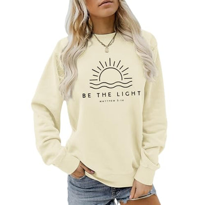 Sulayesh Christian Be The Light Sweatshirts for Women Religious Faith Jesus Bible Verse Graphic Shirts Loose Pullover Tops - color: Apricot, size: X-Large