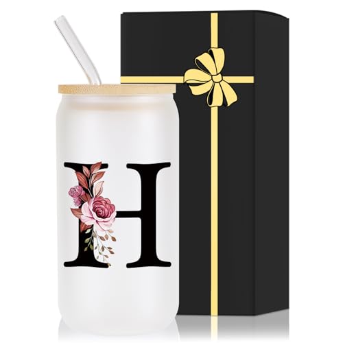 Monogrammed Glass Drinking Cup With Lid Straw Brides for Her Wedding Day Bridal Shower Gifts Bachelorette Party Engaged Engagement Cute Personalized Unique Cool Special Customized Best Present,H - style: Letter H