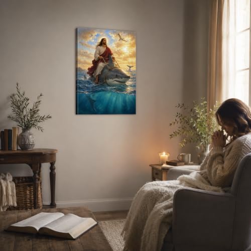 Humorous Christian Jesus Wall Art Jesus Riding Shark Religious Wall Art - color: Art-39, size: 36"L x 24"W