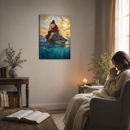 Humorous Christian Jesus Wall Art Jesus Riding Shark Religious Wall Art - color: Art-39, size: 36"L x 24"W