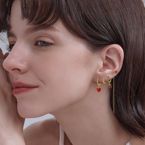 Gold Earrings Set for Women 14K Gold Plated Cubic Zirconia Love Heart Bowknot Clover Fruit Flower Insect Ocean Cross Huggie Hoop Earrings Stud Earrings Set for Multiple Piercing Party Jewelry Gifts - style: Strawberry and Cherry