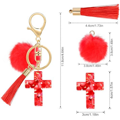 MWOOT 2PCS Cross Keychains for Women, Christian Keyring Tassels Plush, Resin Jesus Key Chain, Bag Charm Car Accessories - color: White+red