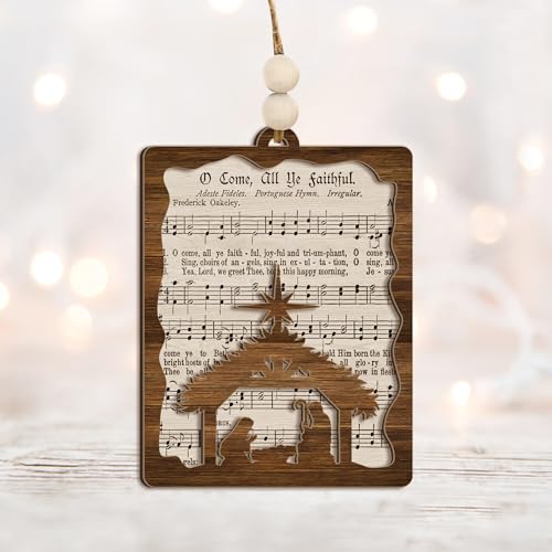 Nativity Hymn Ornament “O Come, All Ye Faithful” – Wooden Christmas Tree Decoration with Hymn Sheet & Holy Family Silhouette Ornament – Christian Holiday Keepsake & Religious Gift