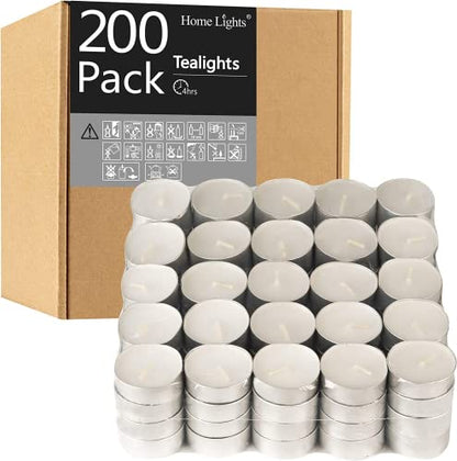 Tealight Candles - 4 Hours - Giant 100,200,300 Bulk Packs - HomeLights White Unscented European Smokeless Tea Lights for Shabbat, Weddings, Christmas, Home Decorative - 200 Pack - size: 200 Pack