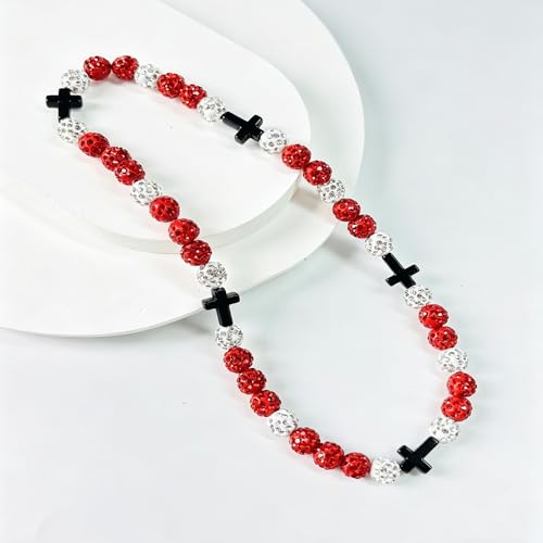 Baseball Bead Cross Necklace for Boys Kids, Elastic Rhinestone Bling Necklace Drip Gifts for Teens Players - color: Black Cross/Red/White