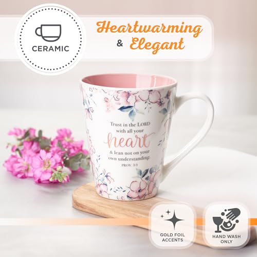 Christian Art Gifts Floral Pink Ceramic Coffee Mug – 14 oz. Lead and Cadmium-free Non-Toxic Inspirational Scripture Coffee and Tea Mug for Women with Bible Verse: Trust In The Lord – Proverbs 3:5