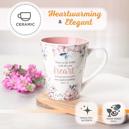 Christian Art Gifts Floral Pink Ceramic Coffee Mug – 14 oz. Lead and Cadmium-free Non-Toxic Inspirational Scripture Coffee and Tea Mug for Women with Bible Verse: Trust In The Lord – Proverbs 3:5