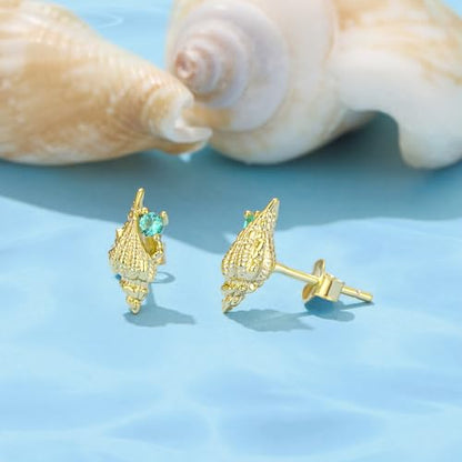 Cute Stud Earrings for Women Dachshund Koi Fish Sea Star Sea Turtle Sea Conch Earrings 14K Gold Plated Dainty Stud Earring funky Jewerly - color: Gold Sea Conch