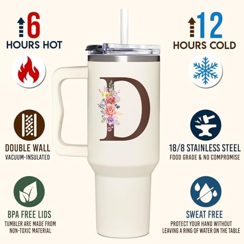 Personalized Gifts for Women, Customized Mother's Day, Birthday, Xmas Gift For Grandma, Mom, Wife, Friends, Sisters, Coworkers, Monogrammed Tumbler 40oz with Lid and Straw - color: D
