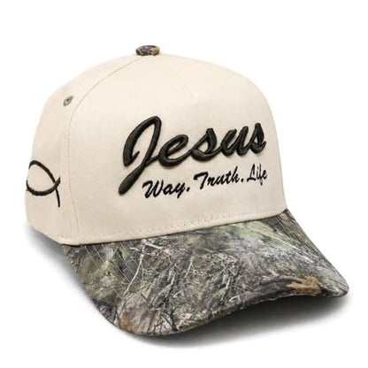 Faith Series 2-Tone Trucker Hat – Christian Faith-Based Cap with Bible Verse Detail - color: Jesus | Way, Truth, Life | Camo