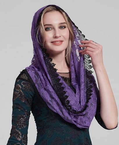 YHDDYG Infinity Veil for Catholic Mass Lace Infinity Scarf Church Veil for Girls Mantilla Infinity Veils Roses S97 - color: Purple Infinity