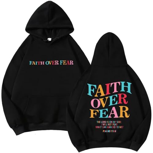 Faith Over Fear Hoodie Womens Christian Graphic Cute Hoodies Cotton Blend Sweatshirt Casual Tops - color: Black, size: X-Small