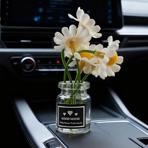 3PCS Daisy Flower Car Dashboard Decorations, Cute Mini Glass Vase Daisy Flower Vehicle Decor, Automotive Interior Aesthetic Dash Ornaments for Women Girl, Universal for SUV Truck Sedan