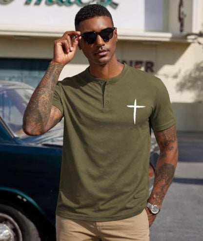KESIHAN Christian Henley T Shirts for Men Cross Graphic Faith Casual Tee - color: Armygreen-6, size: Large