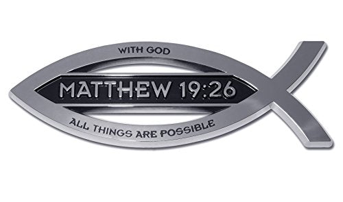 Elektroplate Christian Fish Matthew 19:26 with Verse OEM Chrome Emblem for Cars, Trucks, and All Auto | Universal Fit at 4" x 1.4" | Weatherproof - color: Matthew 19:26