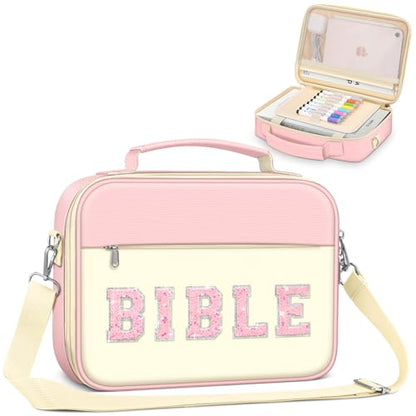 FINPAC Bible Cover with Shoulder Strap, Church Book Carrying Bible Case Bag - color: Letter Pink