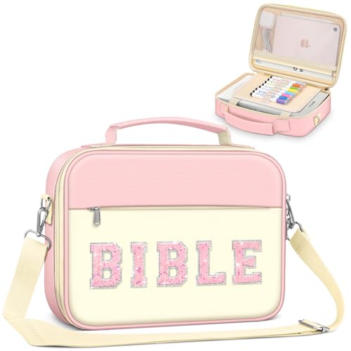 FINPAC Bible Cover with Shoulder Strap, Church Book Carrying Bible Case Bag - color: Letter Pink