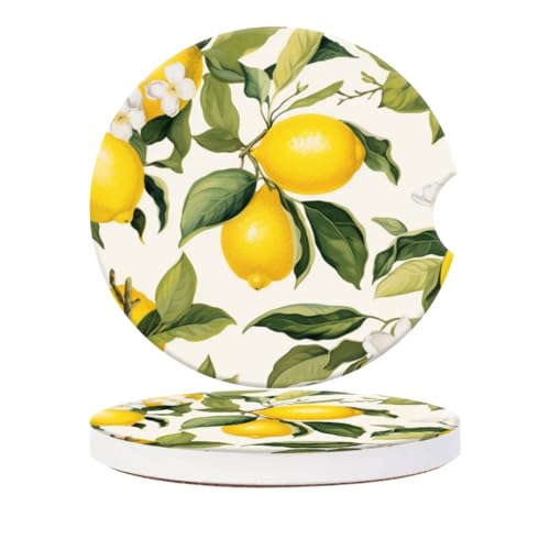 Cup Holder for Car,Lemons and White Flowers Ceramic Coasters Non-Slip Cup Holder Insert with Fingertip Grip, Auto Interior Accessories for Women & Men,Pack of 2, 2.56In - color: Lemons and White Flowers