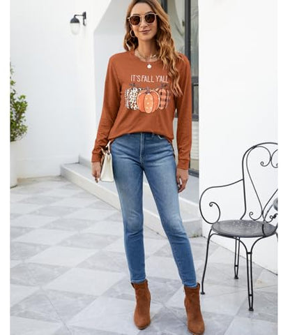 Womens Pumpkin Graphic Sweatshirts Crewneck Casual Fall Long Sleeve Tops - color: Brown-d, size: Large