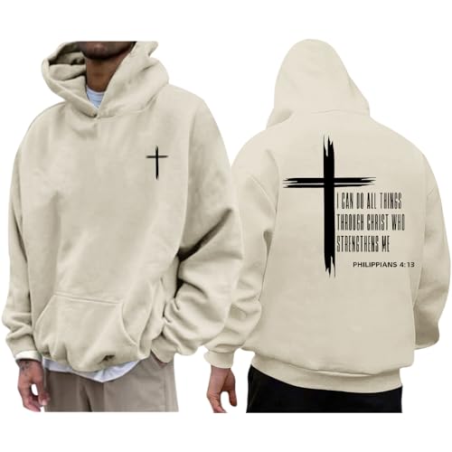 Tuislay Mens I Can Do All Things Through Christ Hoodies Christian Jesus Hoodie Religious Cross Sweatshirt Faith Pullover Tops - color: Apricot, size: XX-Large