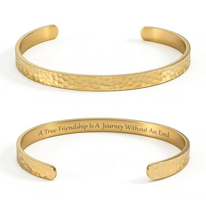 Inspirational Bible Verse Cuff Bracelet for Women, 18K Gold Plated Hammered Bangle, Christian Faith Jewelry Gift, Adjustable Non Tarnish - color: A true friendship is a journey without an end-Hammered Gold