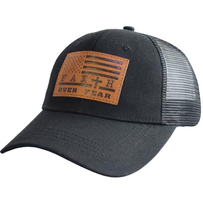 Leather American Flag Faith Over Fear Trucker Hats for Men Women, Adjustable Mesh Snapback Baseball Cap - color: Black