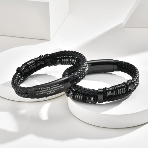Men's Cross Bracelet Handsome Inspirational Quote Bible Verse Engraved Black Braided Leather Bracelets for Men Religious Jewelry Christmas Baptism Confirmation Christian Gifts for Son Husband Man - style: 05: Be strong and courageous