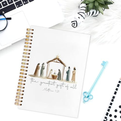 Christian Nativity Notebook Journal,Christian Gifts for Women,Bible Notebooks for Note Taking,Bible Journaling Notebook,Birth of Jesus Bible Verse Matthew 1:21 Hardcover Notebook,5.5x8.3 Inch - color: White the Birth of Jesus
