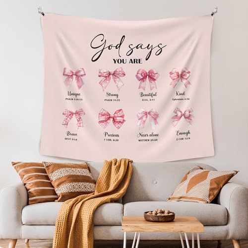XLDLIOO Pink Coquette Bow Christian Wall Tapestry, Scricpture God says You Are Unique Strong Wall Tapestry Hanging for Girly Room Bedroom, Preppy Tapestries Wall Decor Art for Teen Girls Dorm 60x50in - color: pinkbow