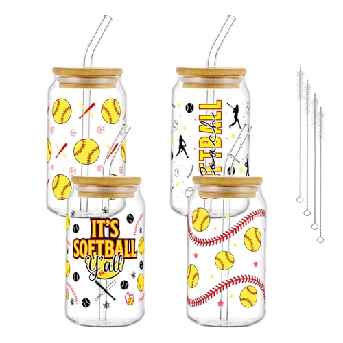 Glass Cups with Lids and Straws, 4Pack, 16oz, Softball Sports - color: Softball