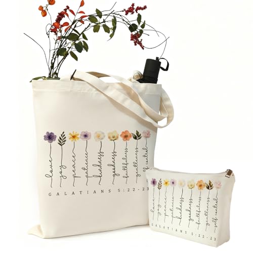 2 Pack Bible Canvas Tote Bag Makeup Bag Women Christian Gifts Reusable Grocery Bags for Shopping Travel - style: Bible Flowers