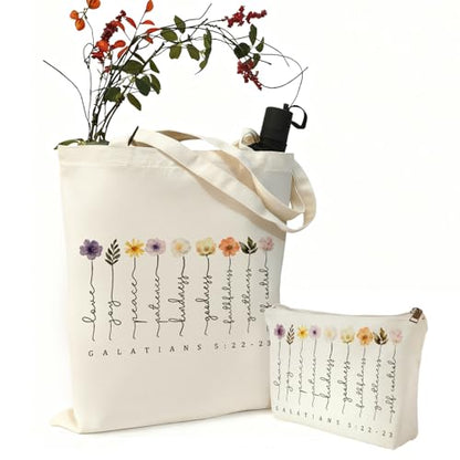 2 Pack Bible Canvas Tote Bag Makeup Bag Women Christian Gifts Reusable Grocery Bags for Shopping Travel - style: Bible Flowers